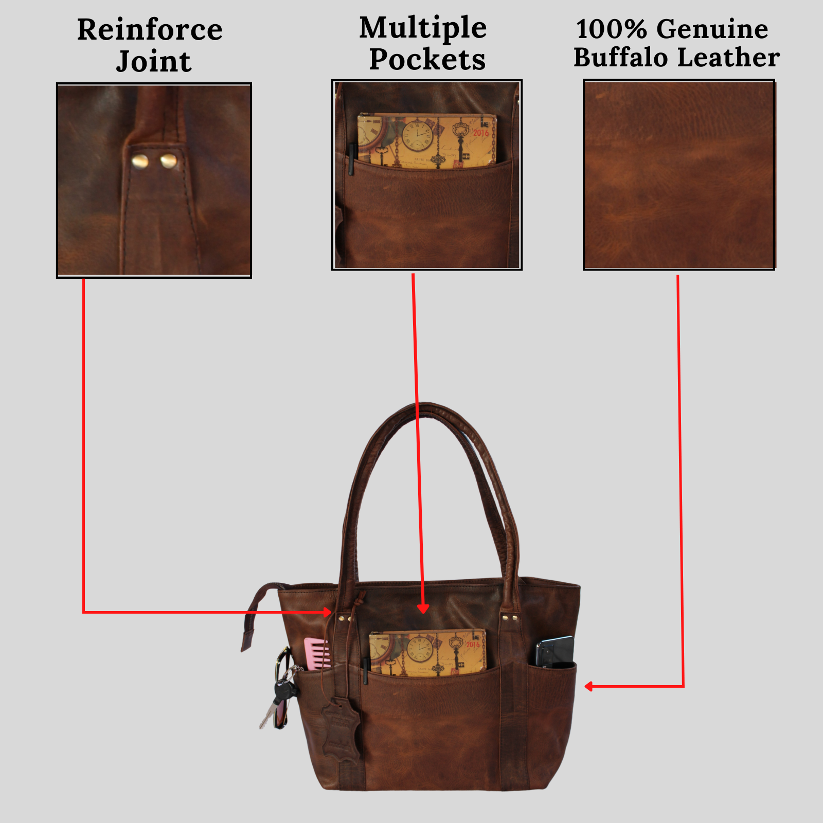  Women Tote Buffalo Leather Brown Shoulder Bag Large Office Handbag Shopper Purse